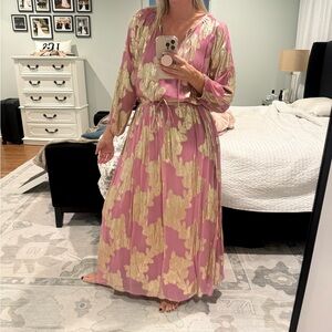 New Anthropologie Elegant Pink and Gold Maxi Dress, XS